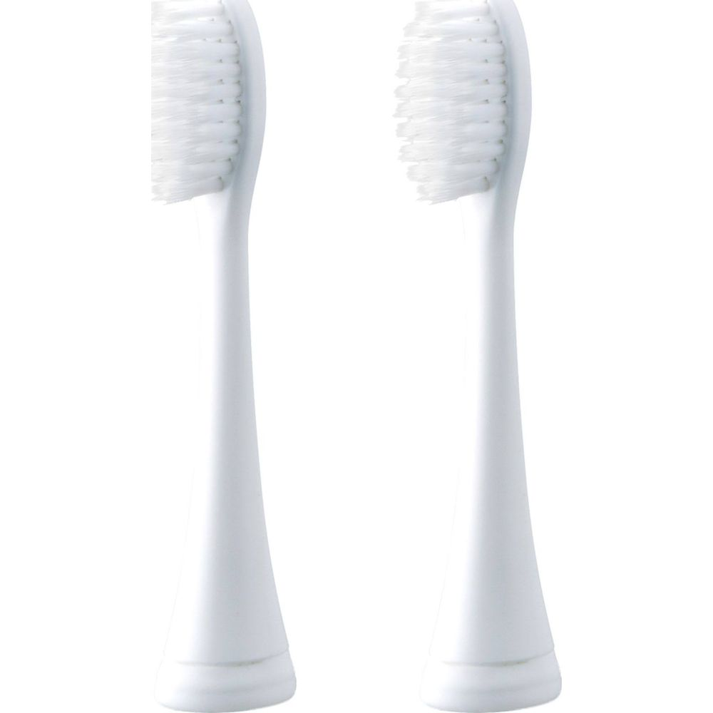 Dwa białe końcówki szczoteczek do zębów obok siebie na białym tle.