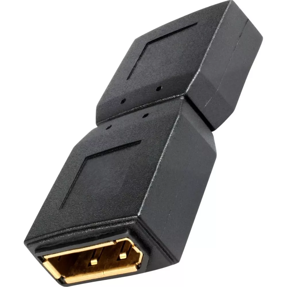 Un adattatore HDMI nero con connettori dorati, su sfondo bianco.