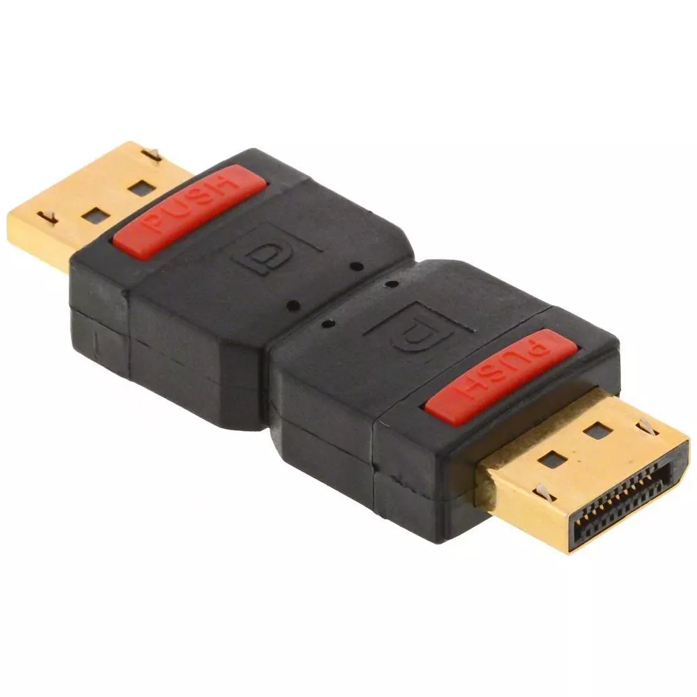 Un adattatore DisplayPort nero con connettori dorati e pulsante rosso "PUSH".