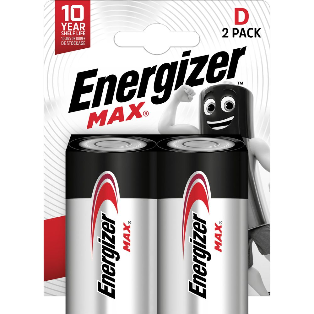 Dwie baterie D Energizer MAX w srebrno-czarnym opakowaniu z 10-letnim terminem przydatności.