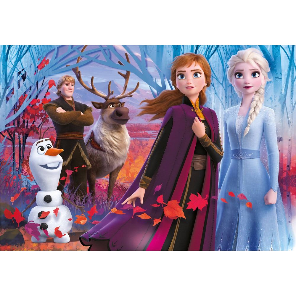 Elsa, Anna, Olaf, Kristoff i Sven stoją w lesie z czerwonymi liśćmi.
