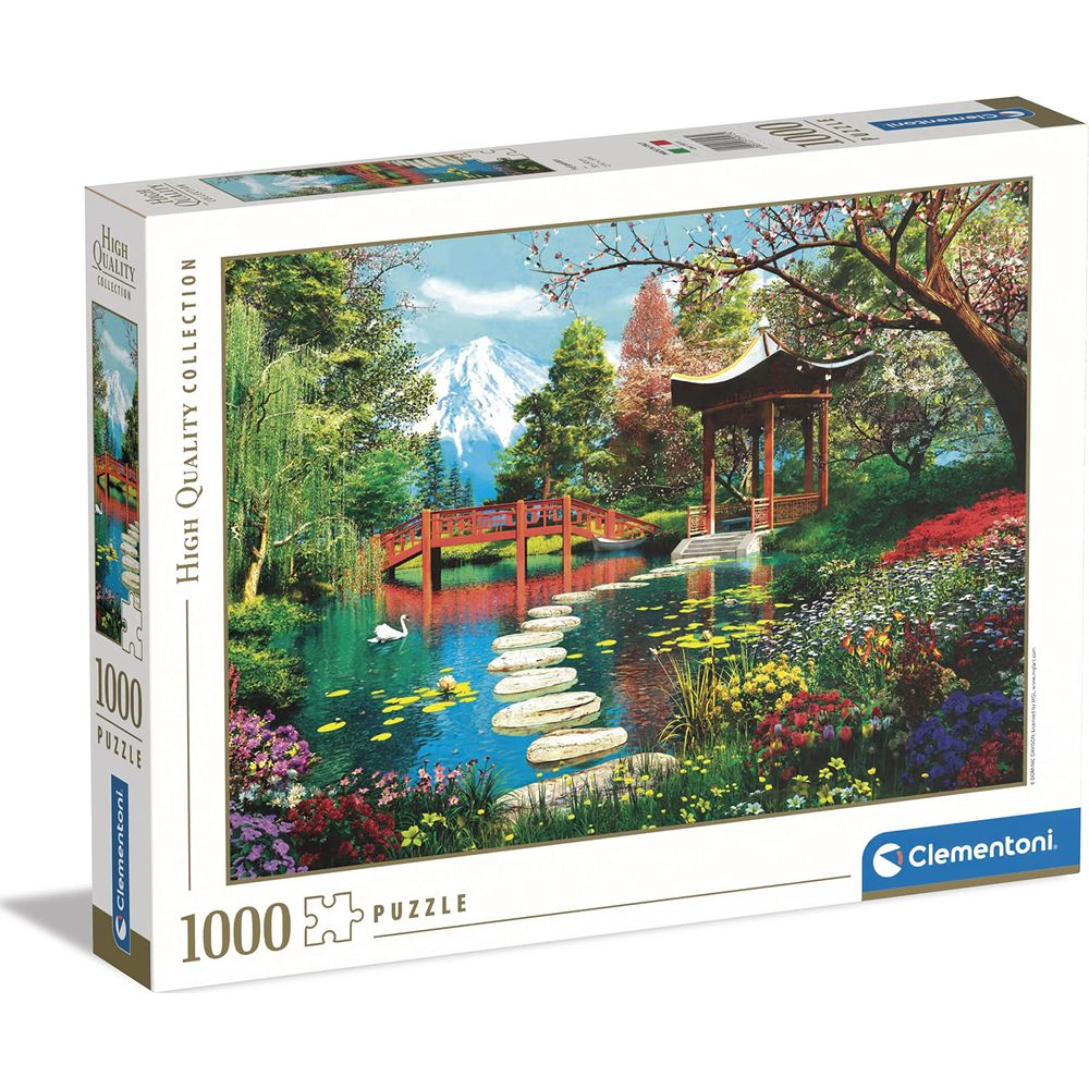 Un jardín japonés con estanque, puente, pagoda, montaña y flores.