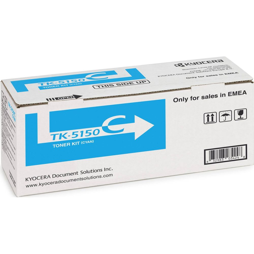 Kyocera TK-5150 cyaan toner kit doos met logo en opdruk. Alleen voor EMEA.