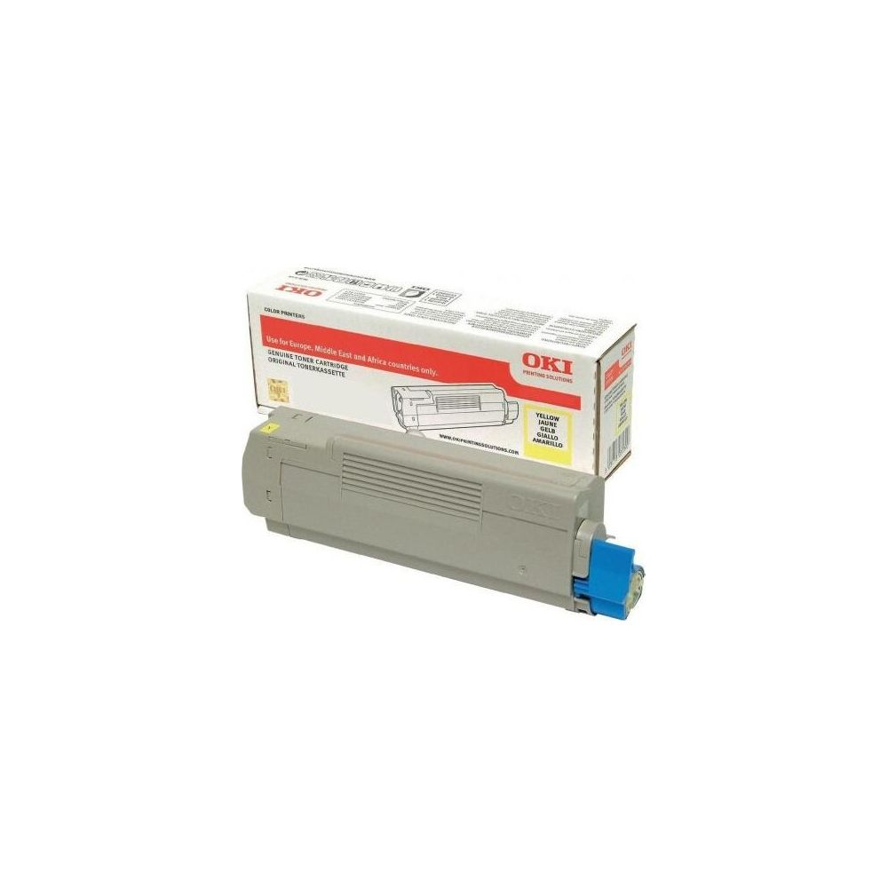 Szary wkład tonera OKI z żółtą nakrętką i opakowaniem.