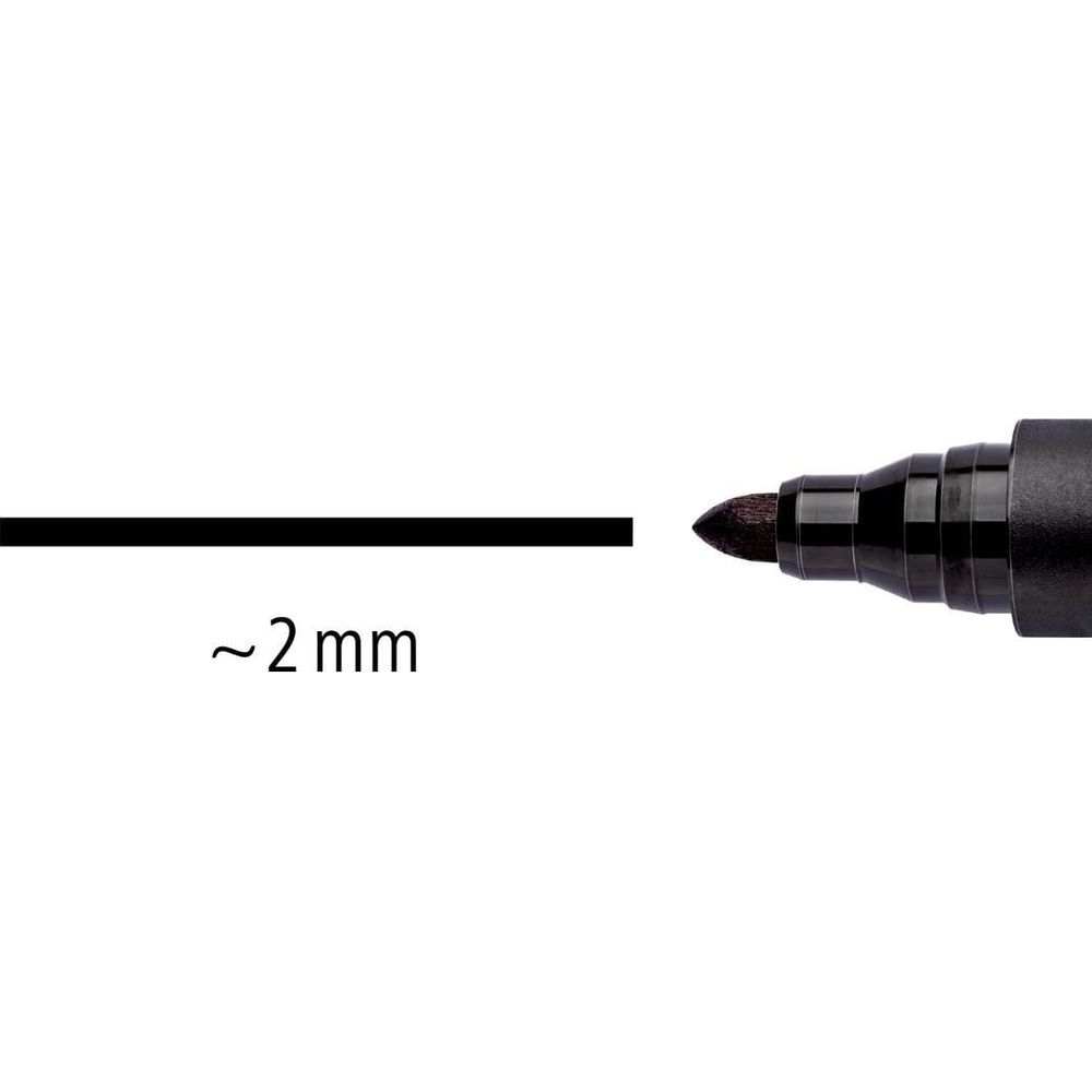 Nahaufnahme einer schwarzen Filzstiftspitze, die auf einer weißen Fläche eine Linie von ca. 2 mm zieht.