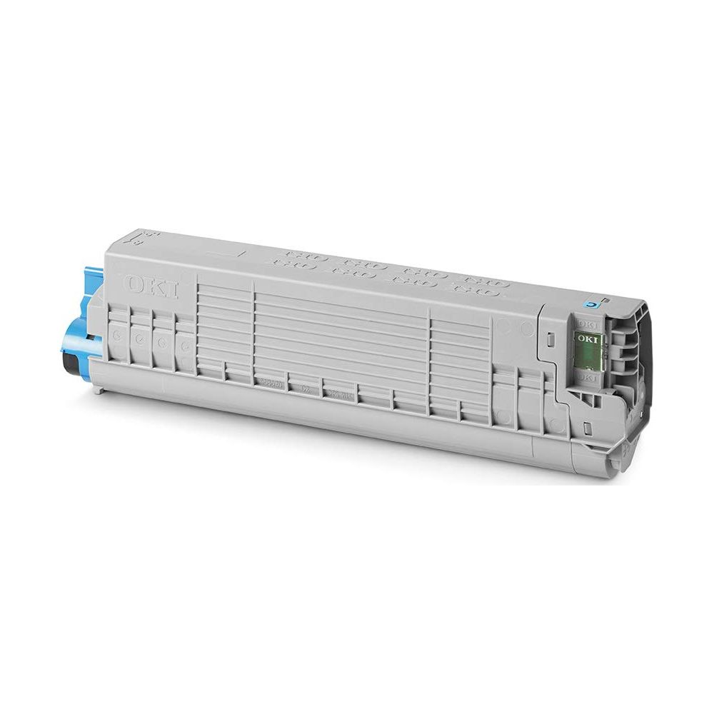 Szara kaseta z tonerem OKI z niebieskimi akcentami na białym tle.