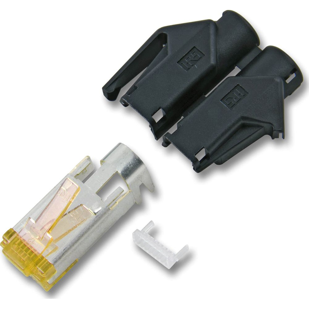 Een zilveren connector met gele contacten, een witte clip en twee zwarte doppen ernaast.