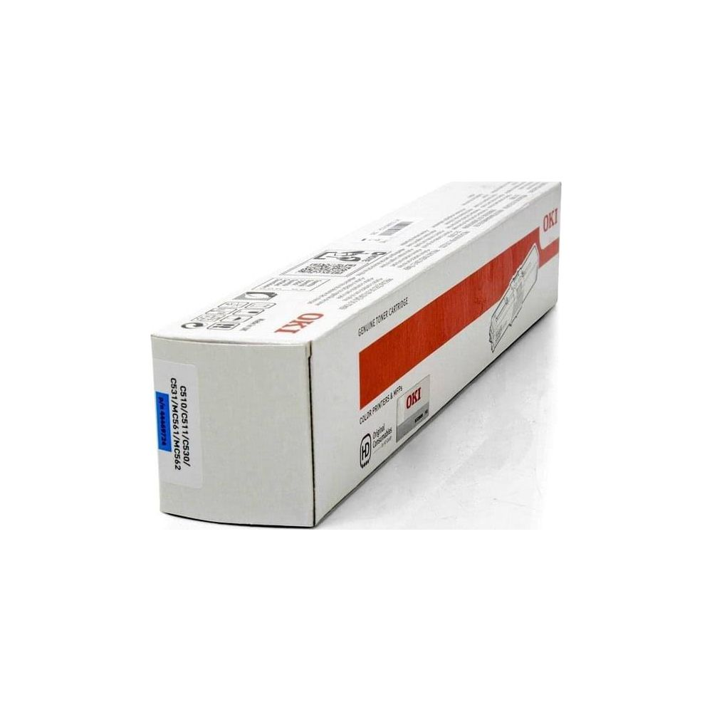 Toner OKI w białym i czerwonym opakowaniu, z numerem modelu i modelami drukarek.