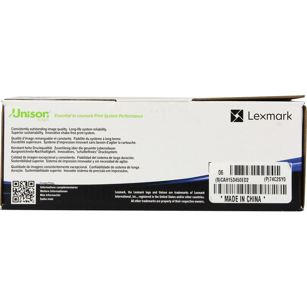 Lexmark Unison tonercartridge met productinfo en barcode. Gemaakt in China.