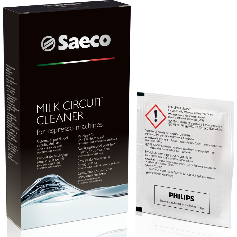 Saeco Milchreiniger-Verpackung und eine kleine Tüte mit Reiniger.