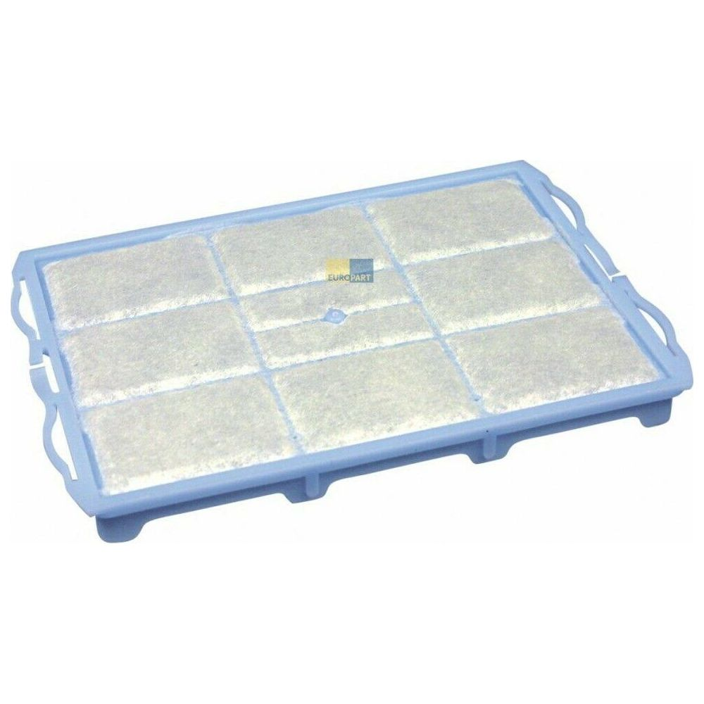 Un filtro rettangolare blu chiaro con fibre bianche, diviso in nove quadrati.