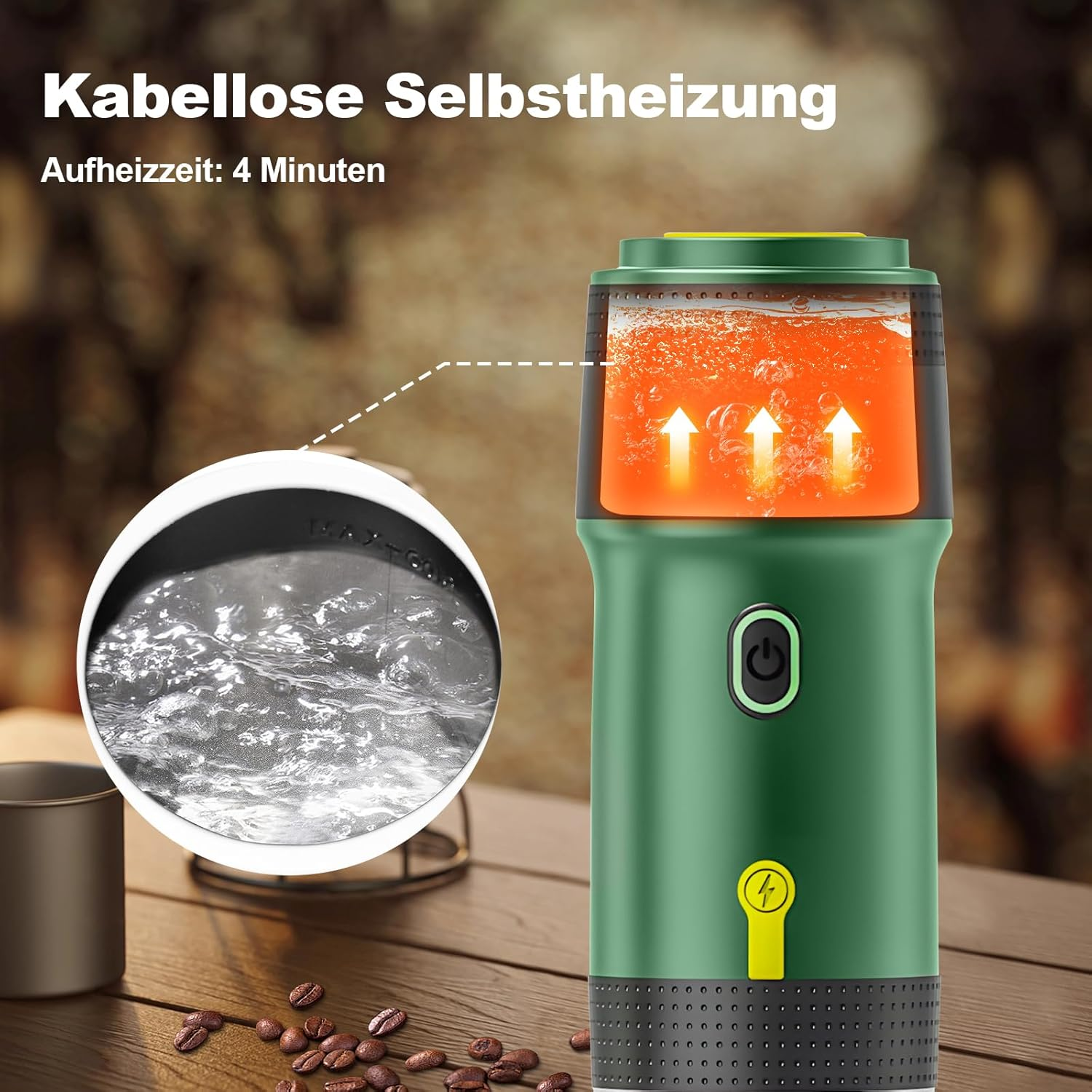 Grüner Wasserkocher erhitzt Wasser mit Pfeilen, daneben Kaffeebohnen und eine Tasse.