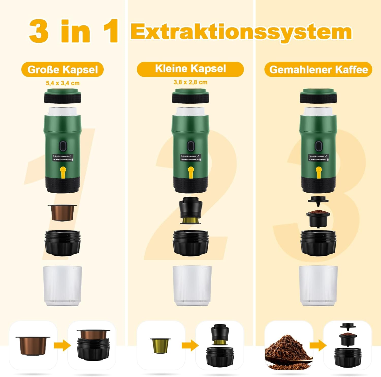 Grüner Kaffeeextraktor mit drei Varianten: große Kapsel, kleine Kapsel, gemahlener Kaffee.