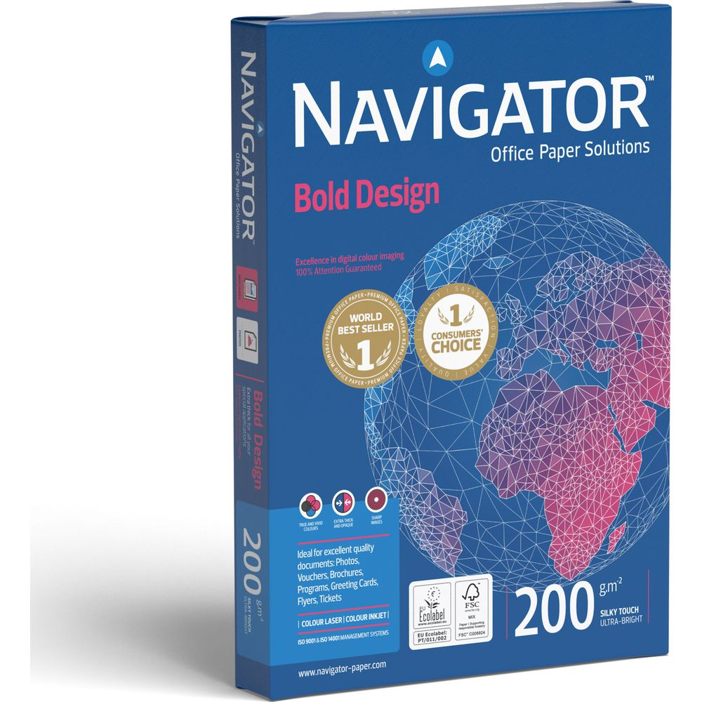 Pudełko papieru Navigator z napisem "Bold Design" i grafiką mapy świata.