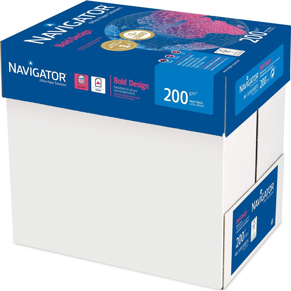 Ryz papieru Navigator Bold Design A4, 200 g/m², biało-niebieskie pudełko.