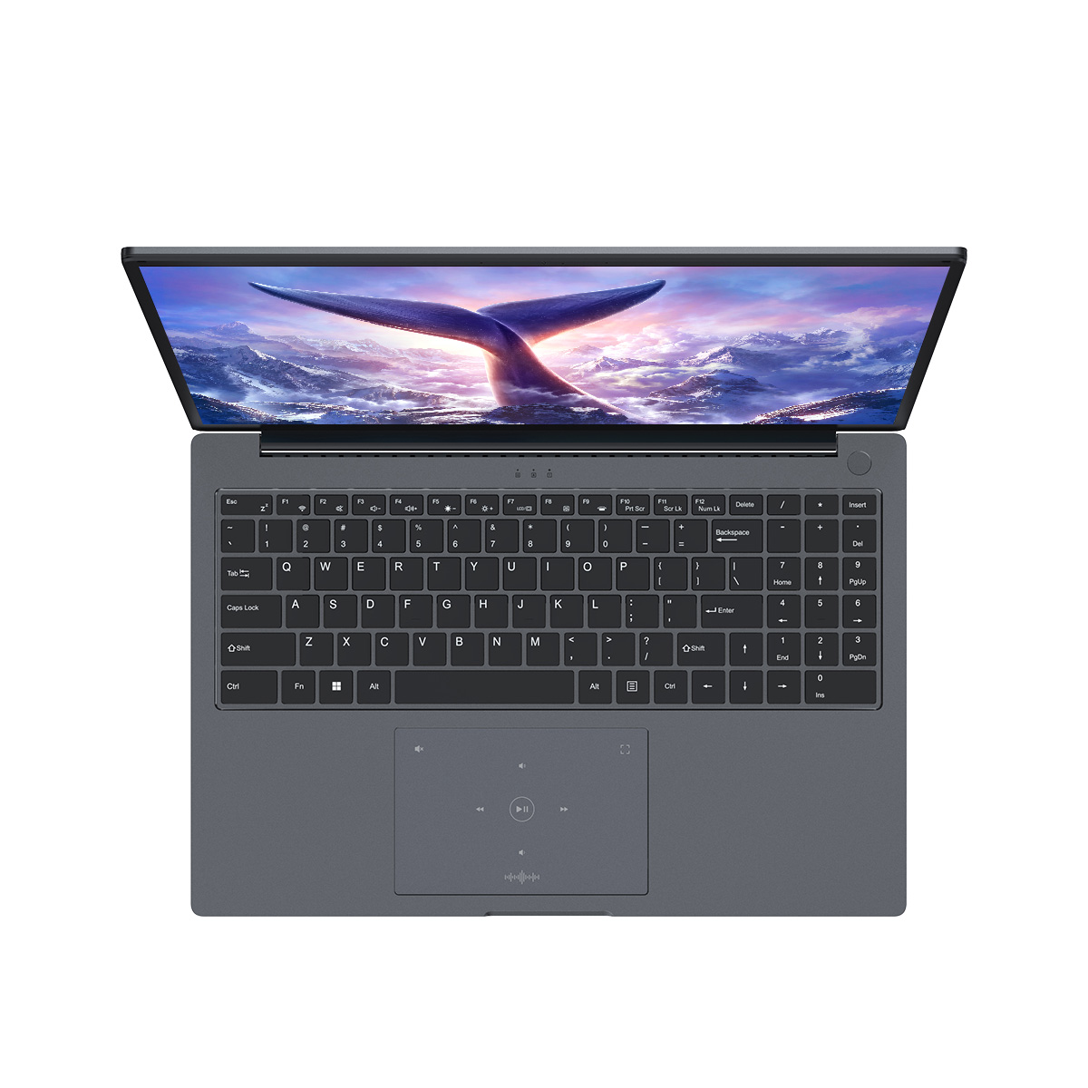 An open laptop displaying a whale wallpaper on its screen.