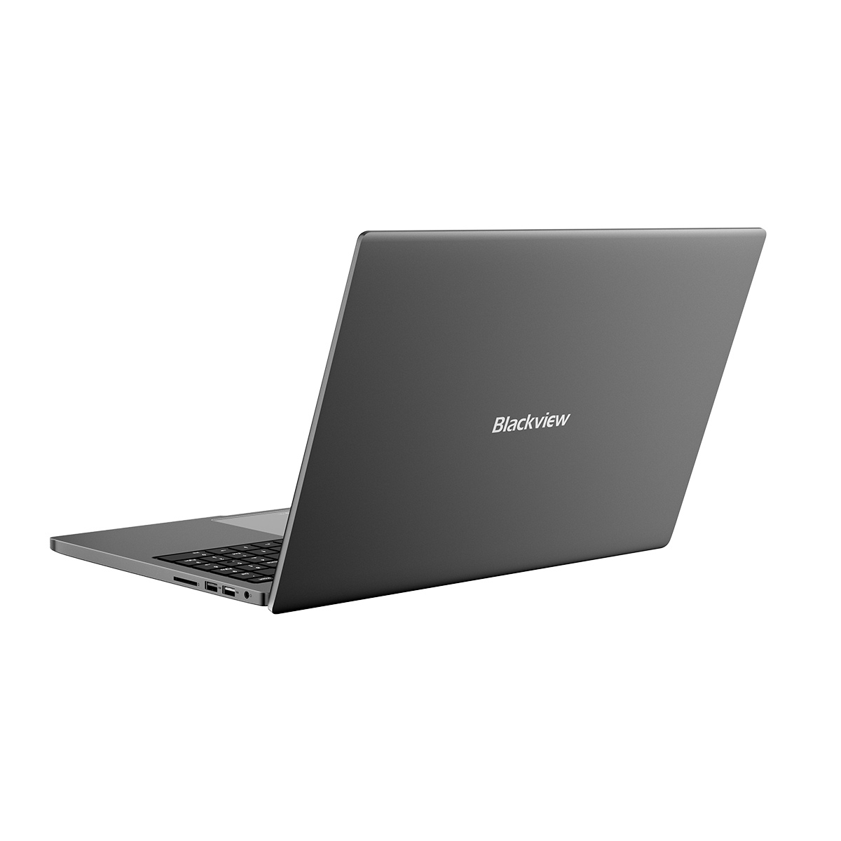 Un portátil cerrado y oscuro con el logo de Blackview en la tapa.