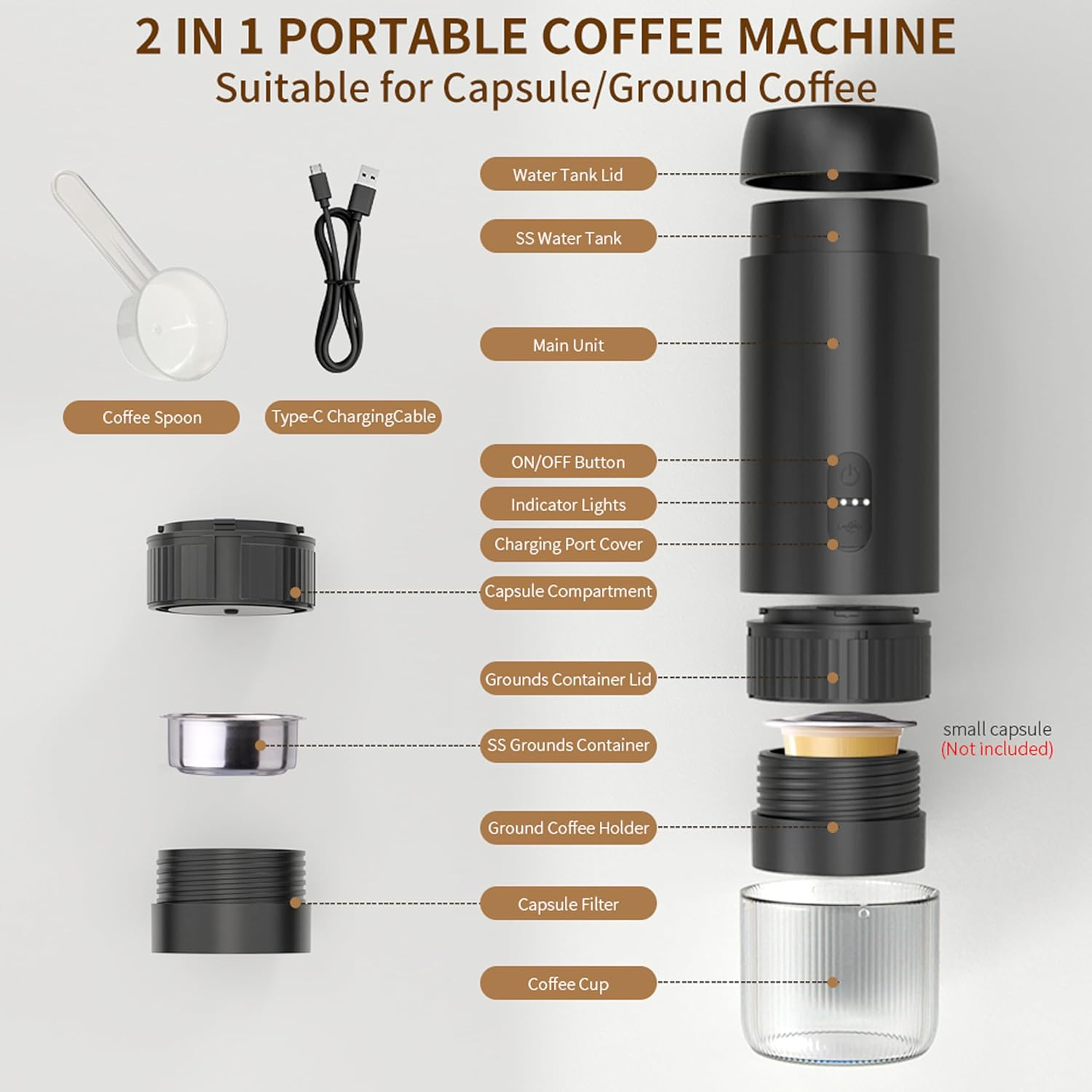 Explodierte Ansicht einer schwarzen Kaffeemaschine mit Zubehör: Löffel, Kabel, Tank, Einheit, Behälter.
