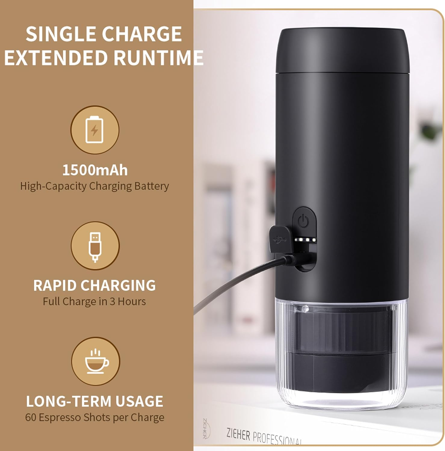 Schwarzer tragbarer Kaffeebereiter mit Ladeanzeige und USB-Kabel.