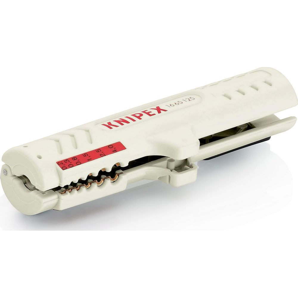 Una pinza spelafili KNIPEX bianca con segni rossi per diverse dimensioni di filo.