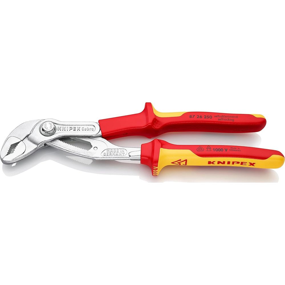 Dos alicates Knipex Cobra para bomba de agua con mangos rojos y amarillos, uno al lado del otro.