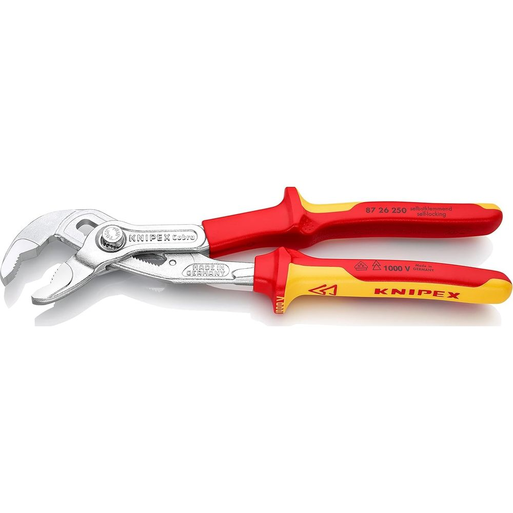 Un par de alicates con mangos rojos y amarillos, Knipex Cobra, 250mm, 1000V.