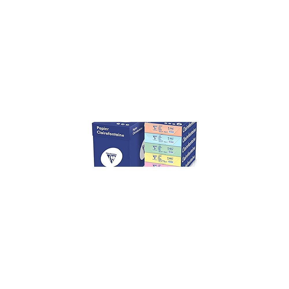 Una caja azul con papel Clairefontaine y cuatro paquetes de papel apilados en varios colores.