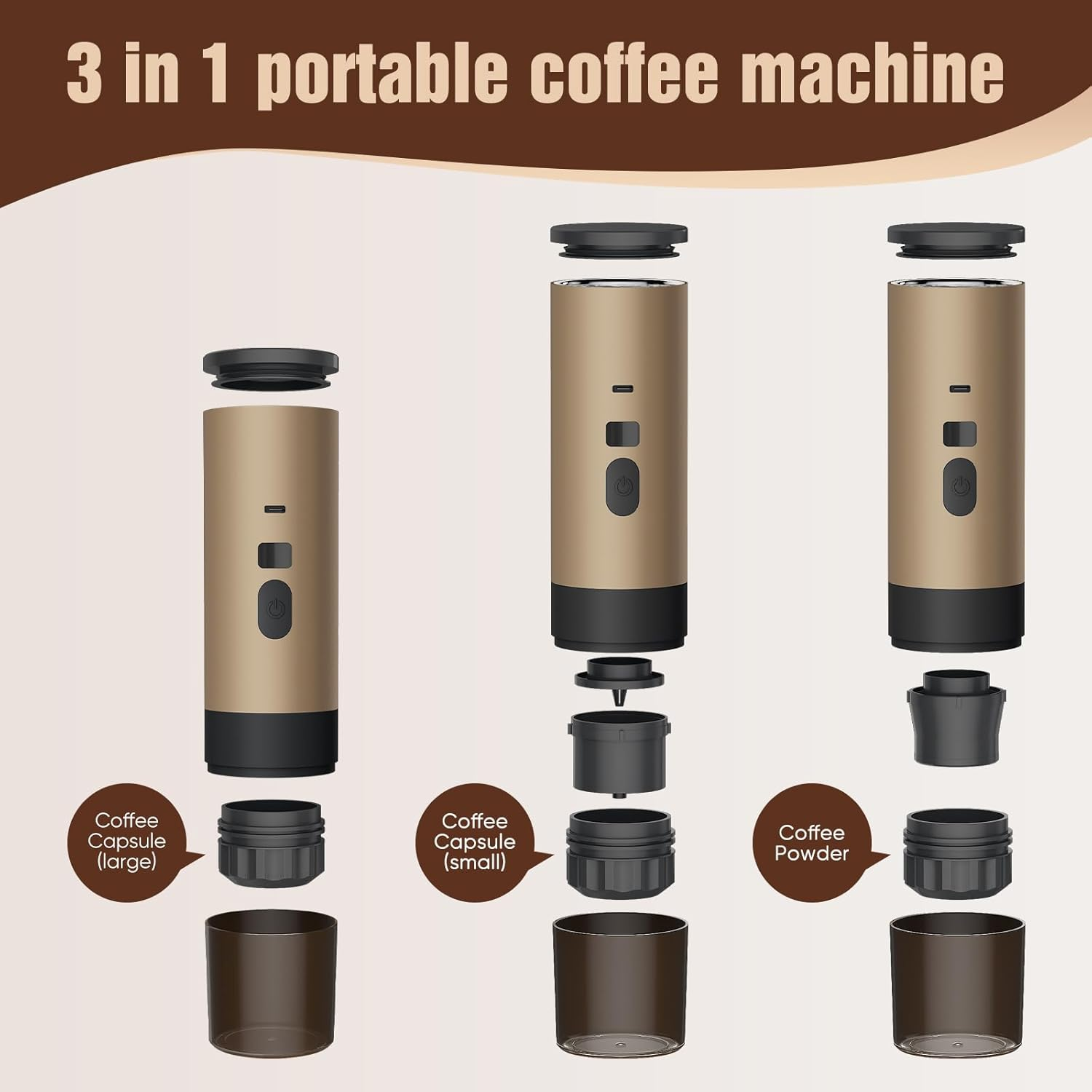 Drei goldene Kaffeemaschinen-Einheiten mit abnehmbaren Teilen für Kapseln und Pulver.