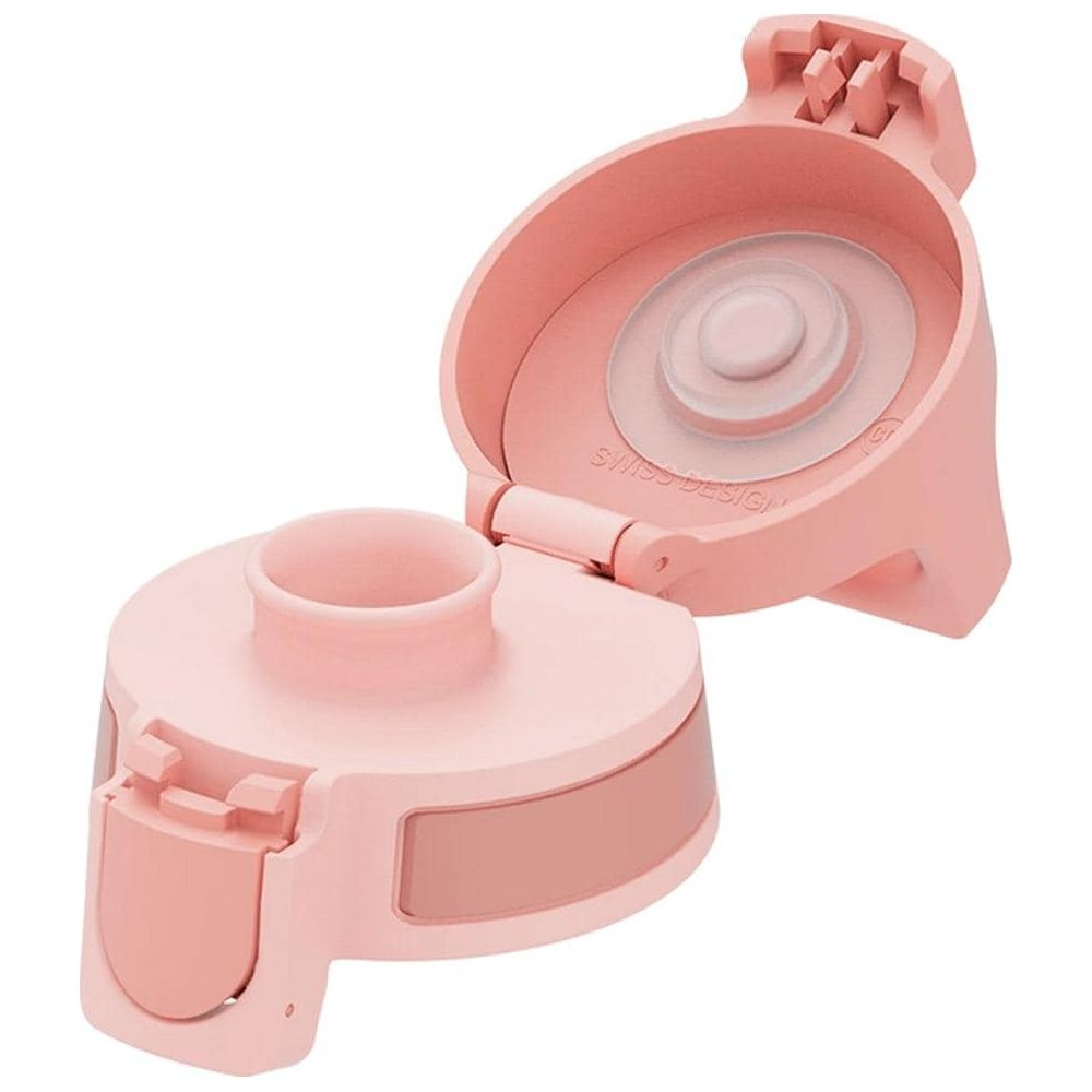 Ein rosa Deckel einer Trinkflasche ist geöffnet. Er hat einen Schnappverschluss.