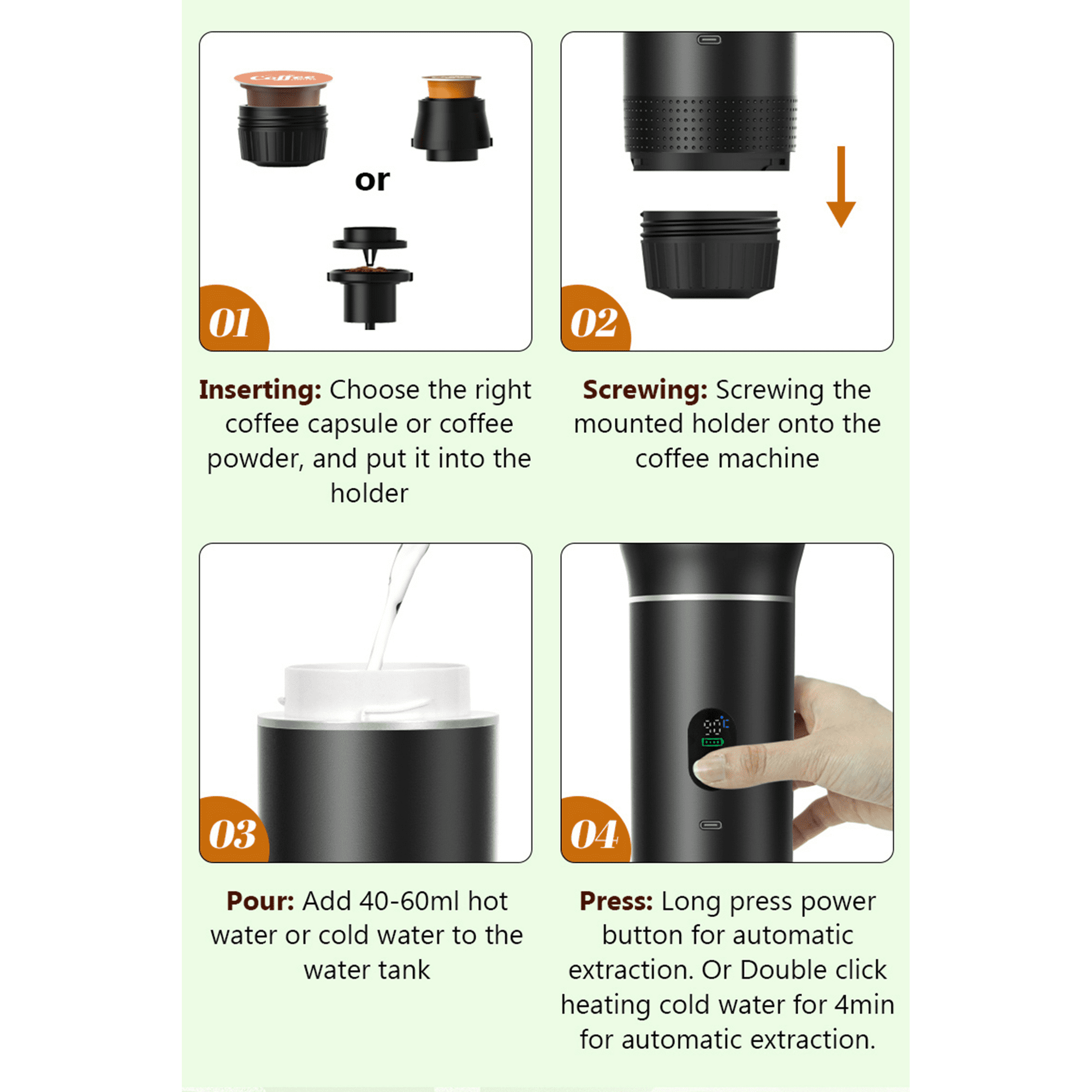 Schritt-für-Schritt-Anleitung für eine Kaffeemaschine: Kapsel einlegen, Halterung anschrauben, Wasser einfüllen, Knopf drücken.