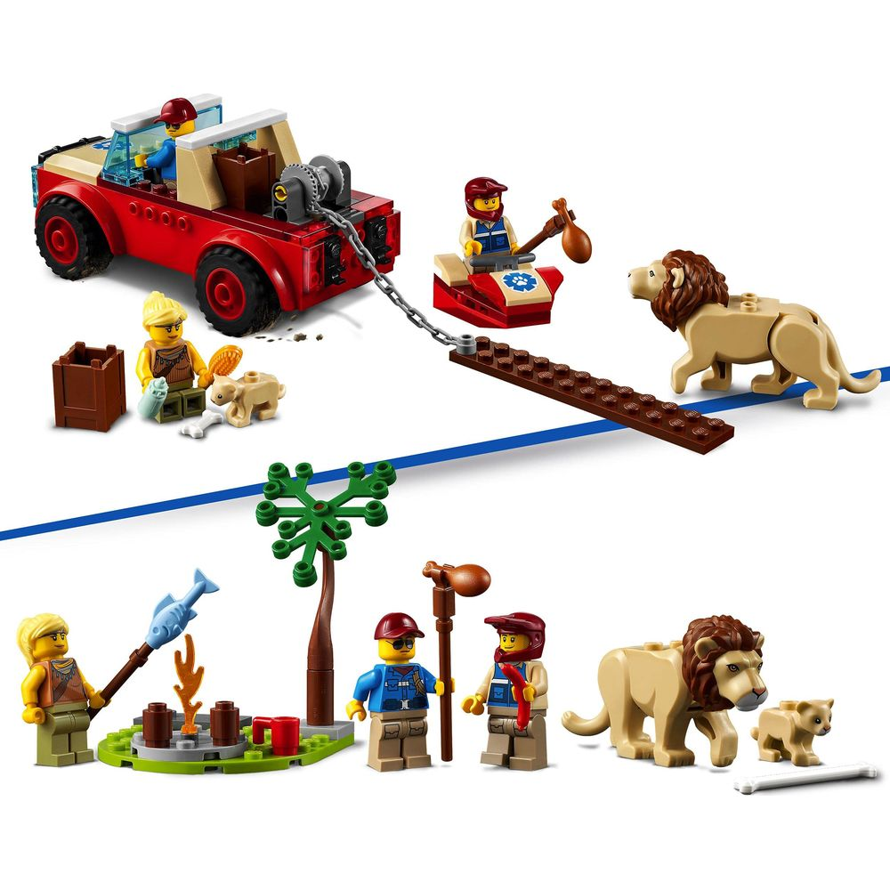 Scène Lego : véhicule de secours, personnes, lions et feu de camp avec matériel de pêche.