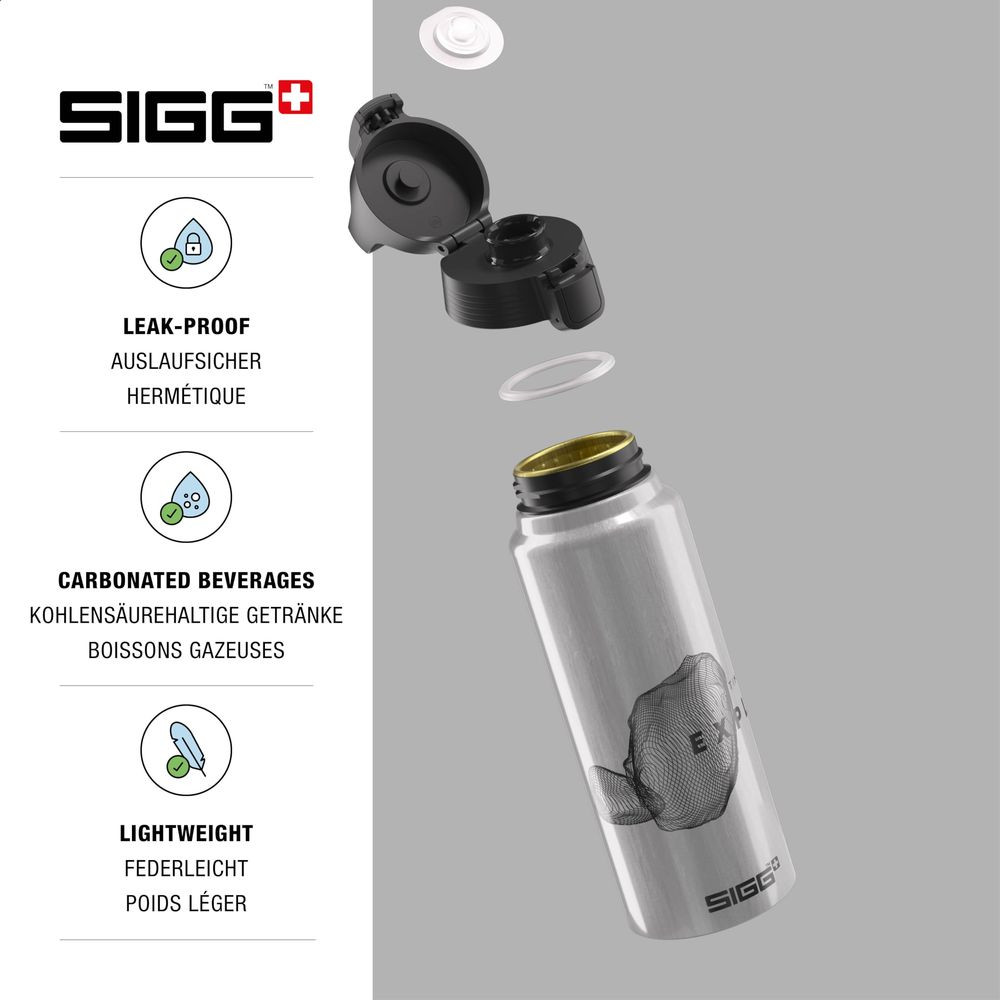 SIGG Wasserflasche, zerlegt mit Deckel und Dichtring. Leicht und auslaufsicher.