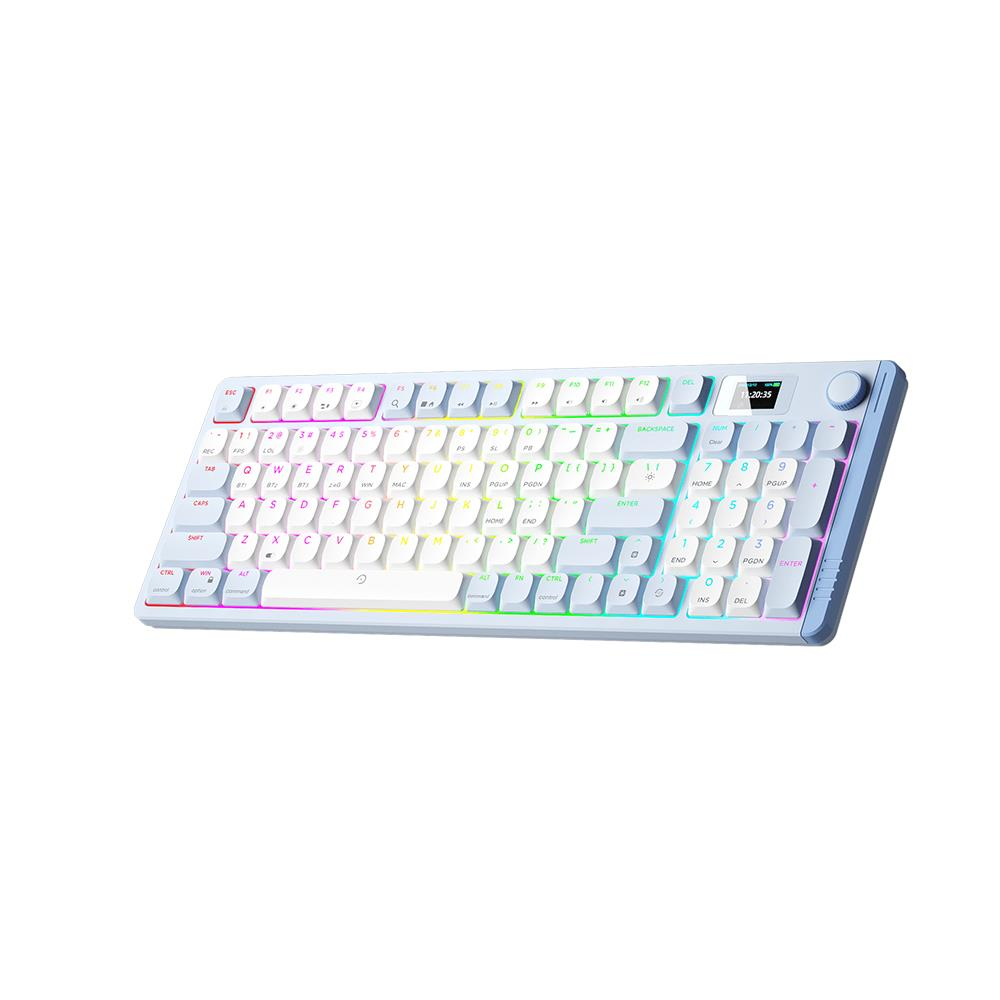 RGB arka aydınlatmalı ve küçük ekranlı beyaz mekanik klavye.