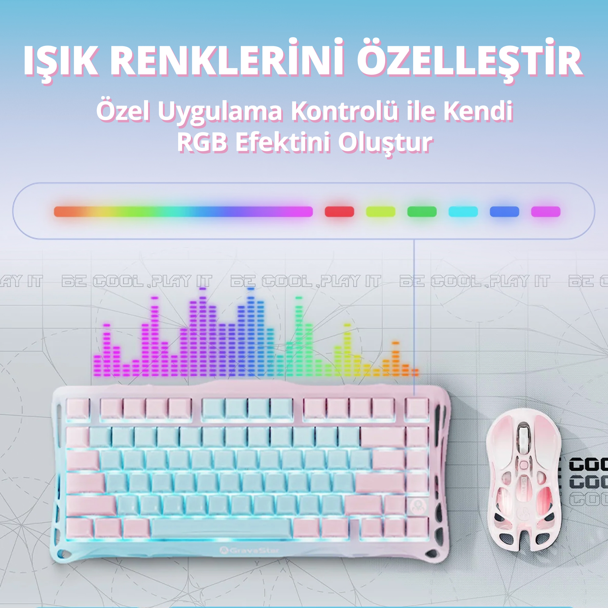 Biała i różowa klawiatura i mysz z podświetleniem RGB i efektami korektora.