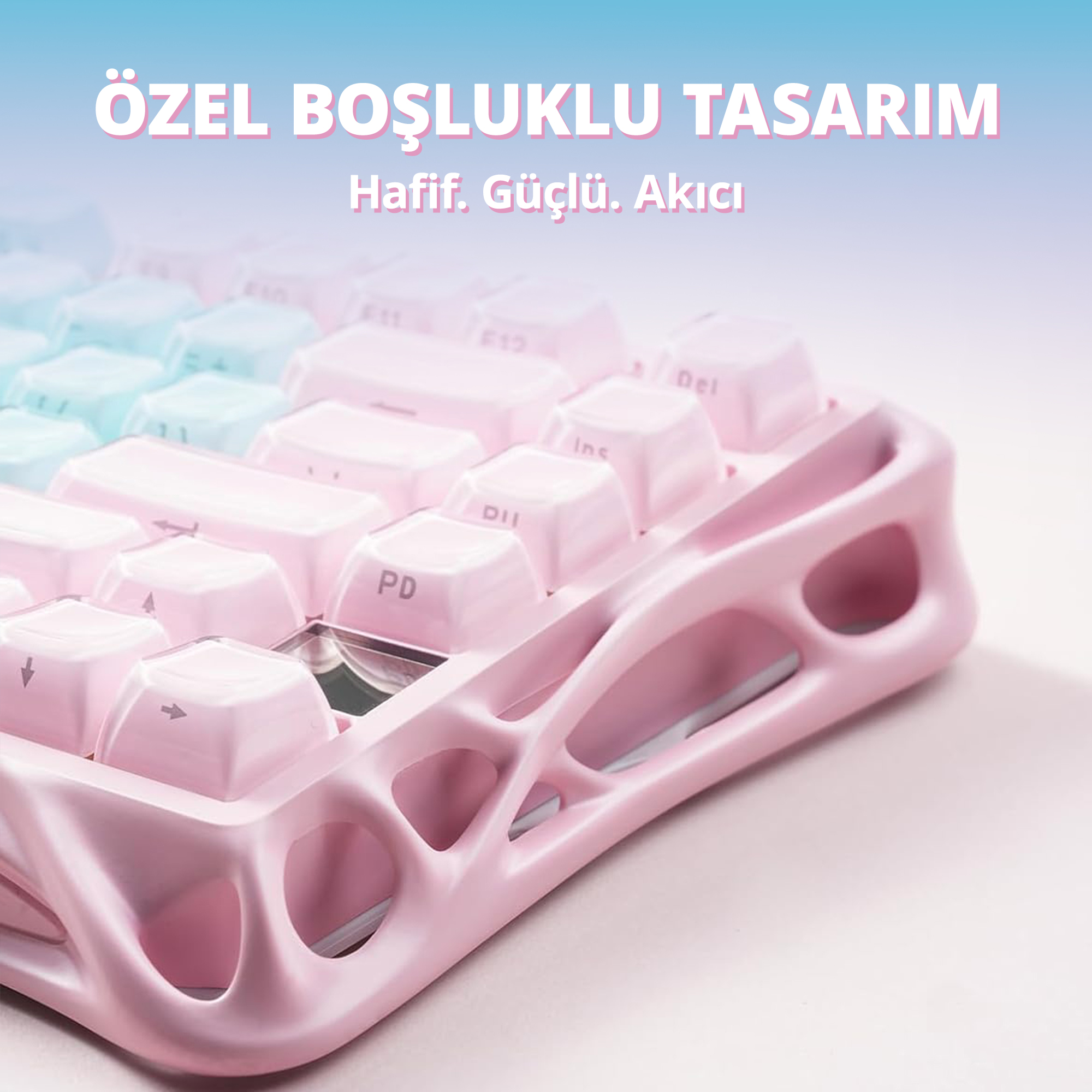 Zbliżenie na różową klawiaturę z otwartą, organiczną obudową.