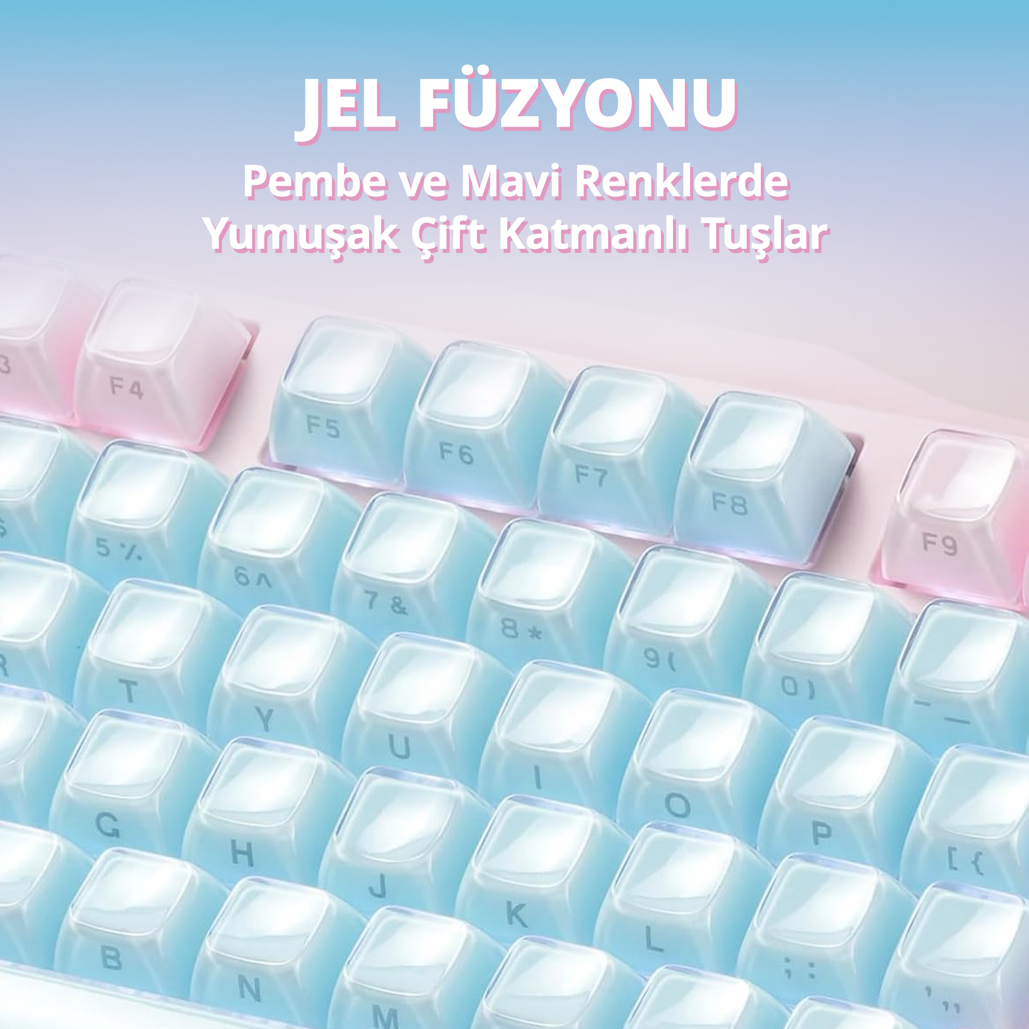 Zbliżenie klawiatury z półprzezroczystymi pastelowymi niebieskimi i różowymi klawiszami.