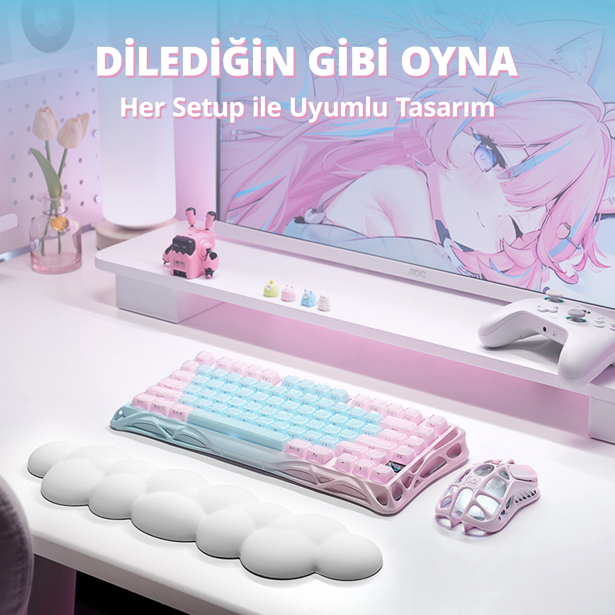 Zestaw do gier z klawiaturą, myszą, kontrolerem i ekranem anime.