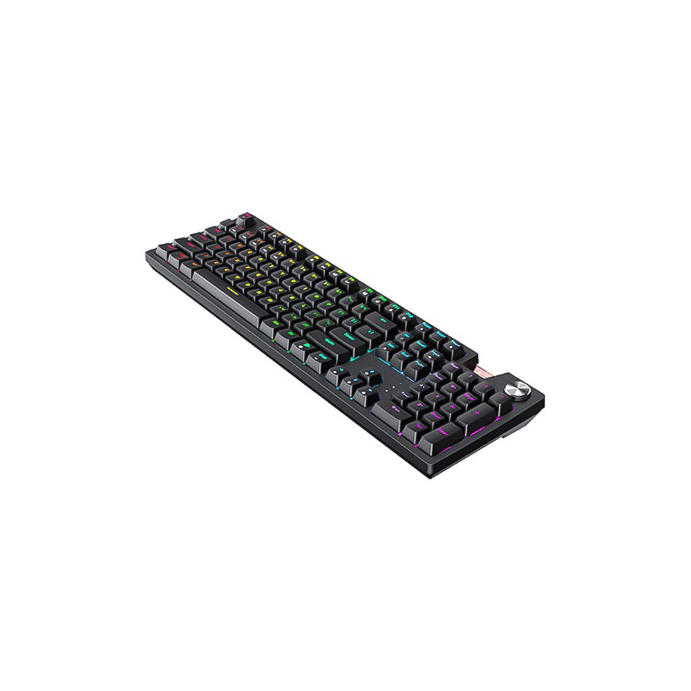 Beyaz zeminde RGB aydınlatmalı tuşlara sahip siyah oyuncu klavyesi.