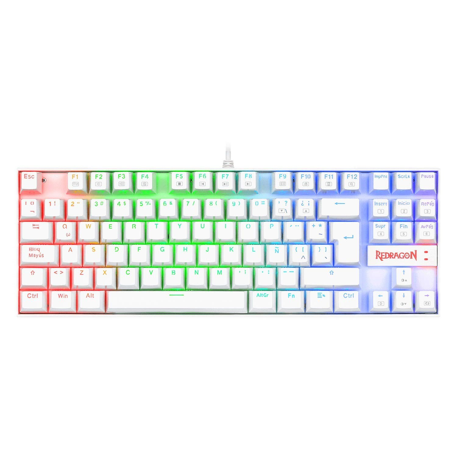 RGB aydınlatmalı ve İspanyol tuş etiketli beyaz bir klavye.