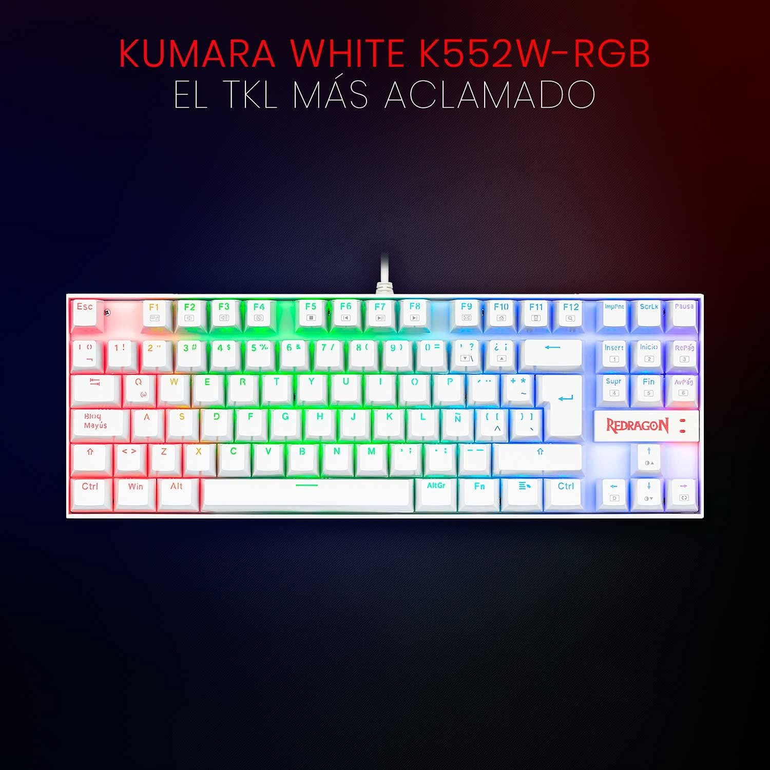 RGB aydınlatmalı ve Redragon logolu beyaz mekanik TKL oyuncu klavyesi.