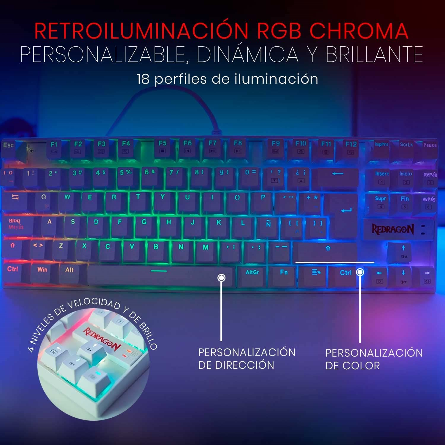 RGB aydınlatmalı klavye, "Redragon" ve "Retroiluminacion" yazılı.