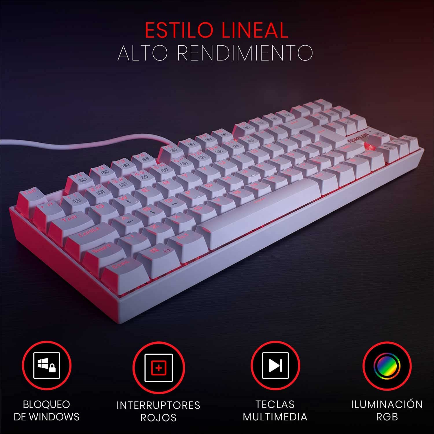 Kırmızı aydınlatmalı beyaz klavye, Windows kilidi, kırmızı anahtarlar ve RGB simgeleri içerir.
