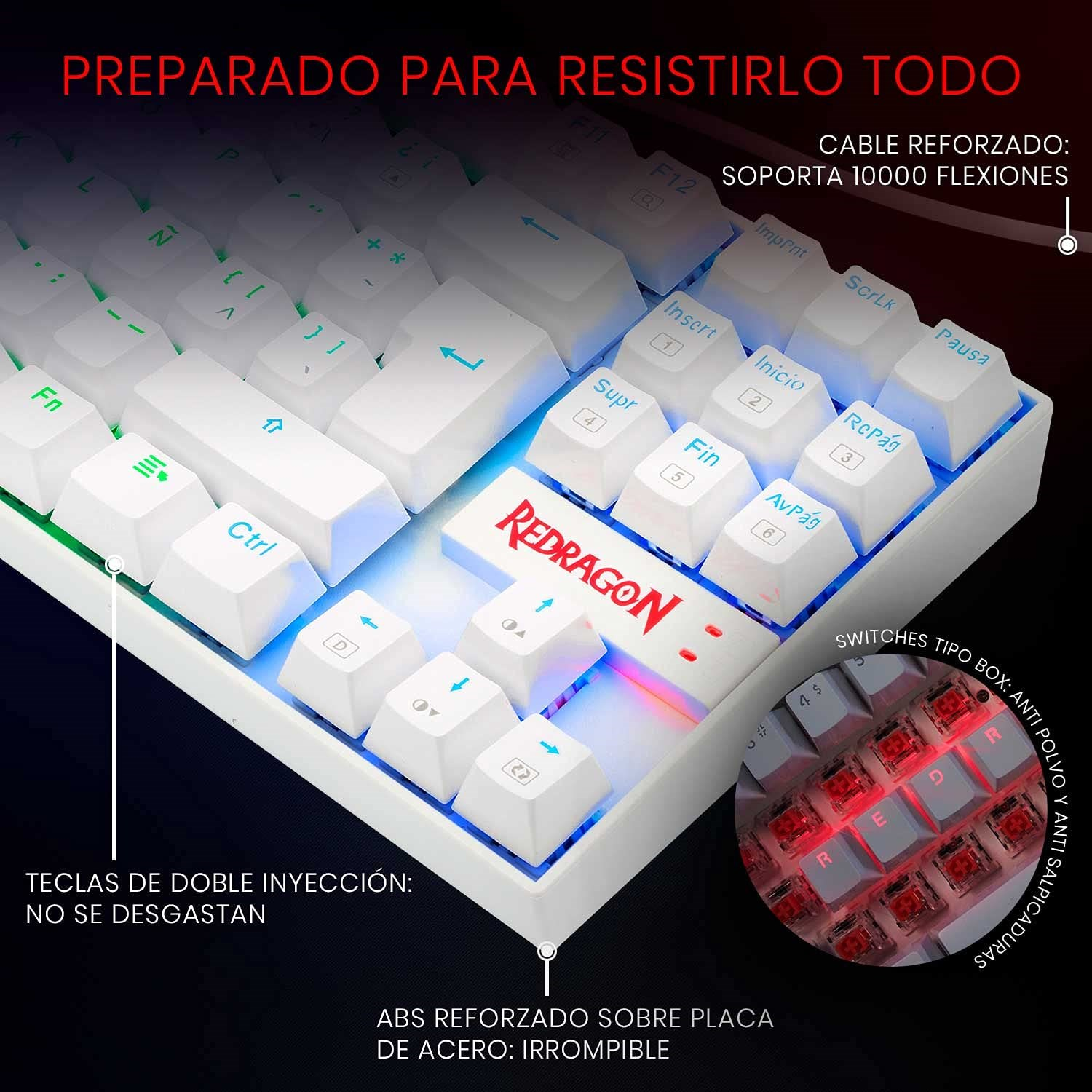 RGB aydınlatmalı ve kırmızı switch'li beyaz klavye. Metin dayanıklılığı vurguluyor.