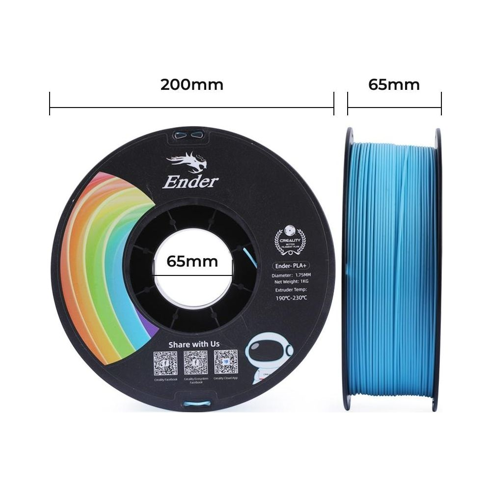 Una bobina di filamento blu per stampante 3D accanto a una bobina vuota con dimensioni.