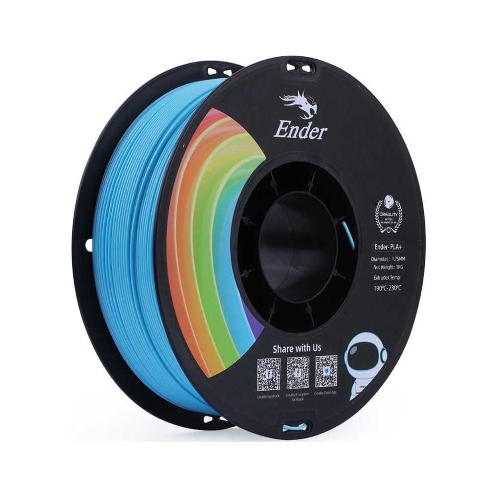 Una bobina di filamento blu per stampante 3D con accenti arcobaleno su bobina nera.