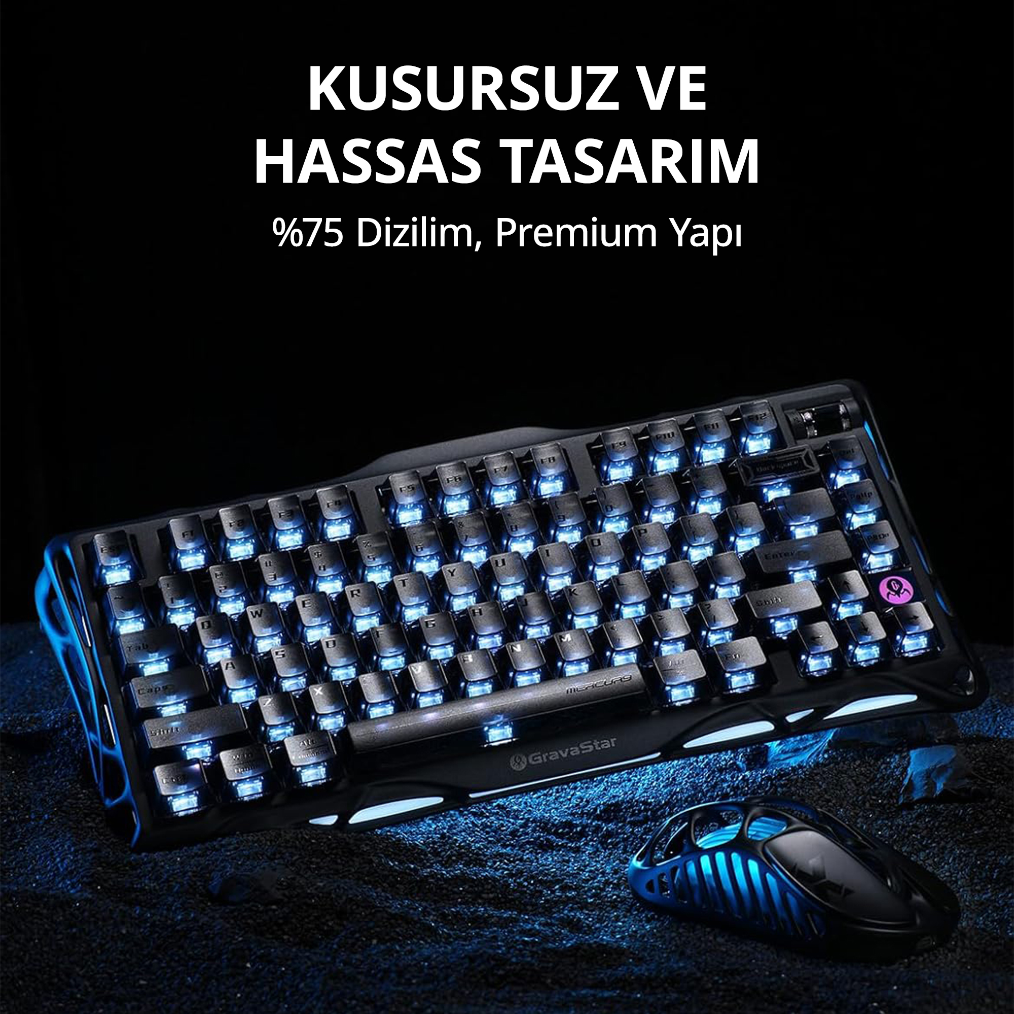 Czarna klawiatura i mysz świecą na niebiesko na ciemnej powierzchni.