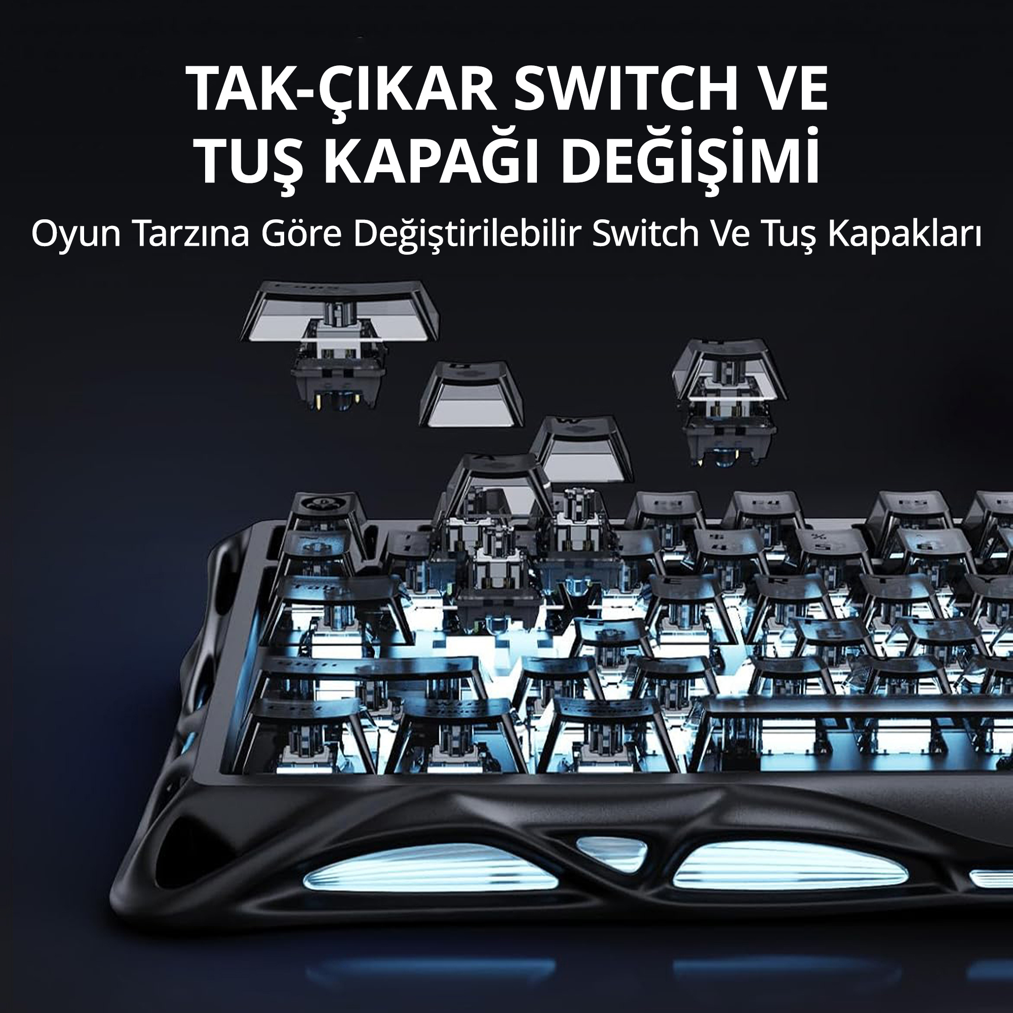 Czarna klawiatura z podświetlanymi przełącznikami i klawiszami, niektóre odłączone.