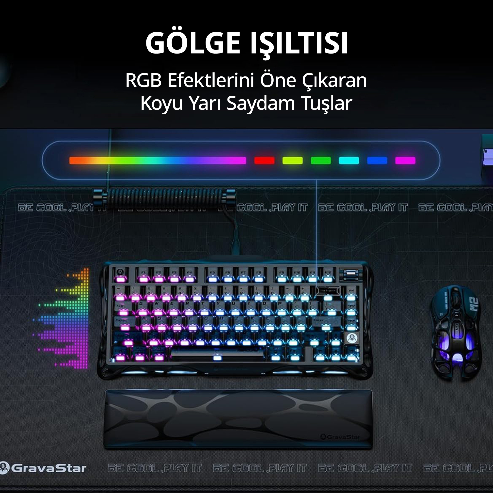Klawiatura i mysz gamingowa z podświetleniem RGB na czarnej macie.