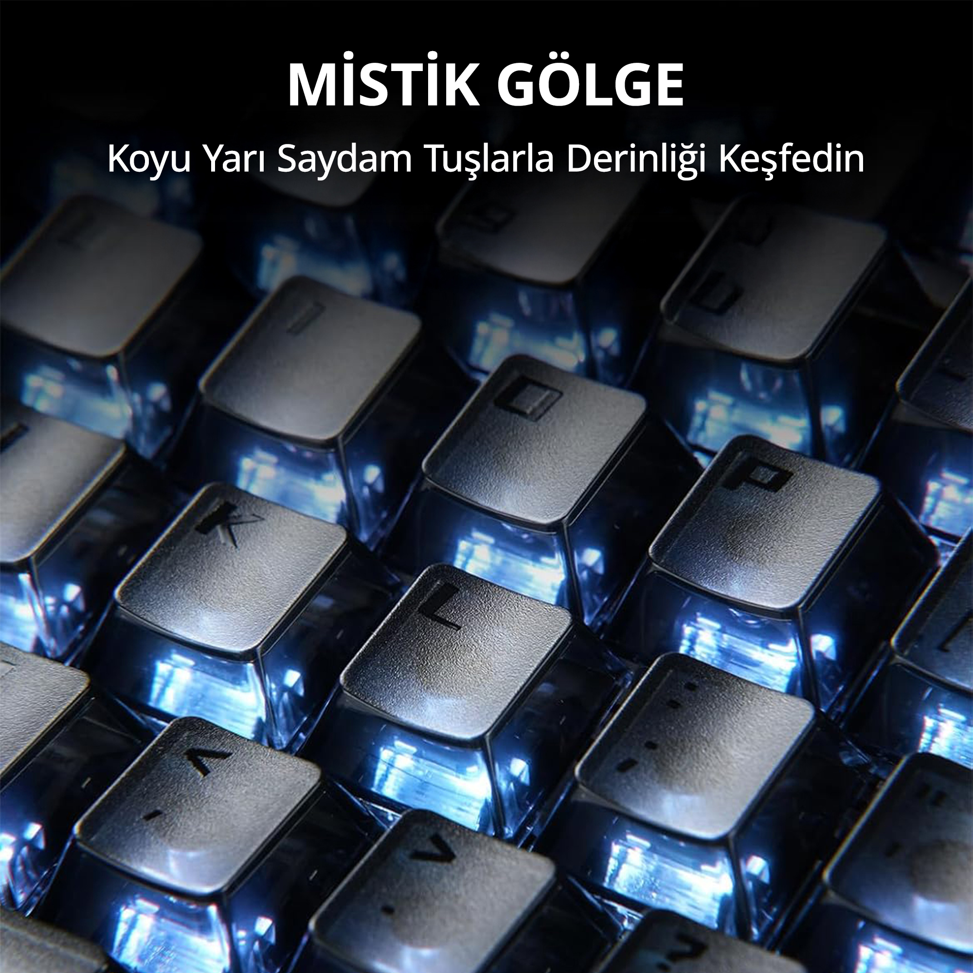 Zbliżenie podświetlanej klawiatury z niebieskimi światłami pod klawiszami.