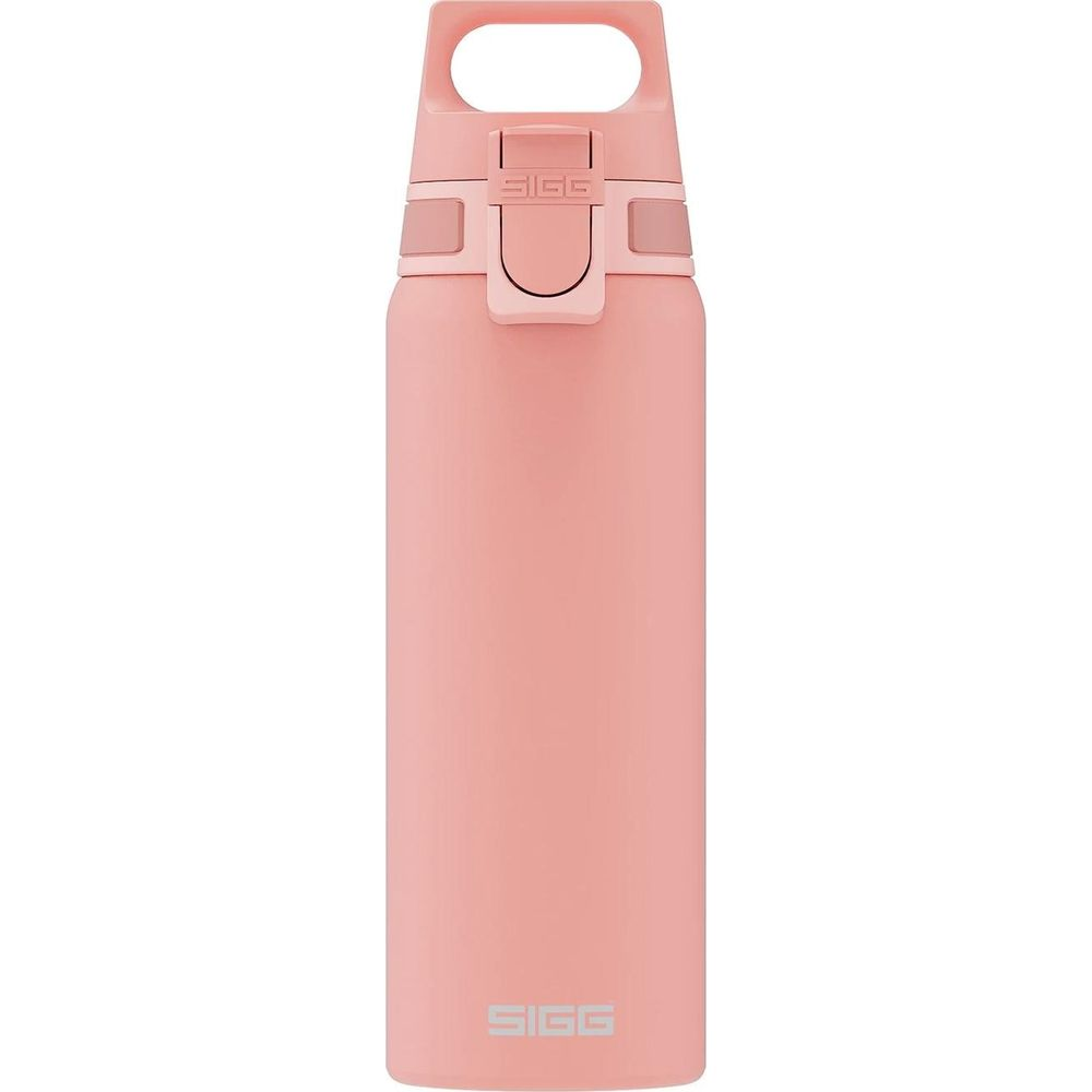 Eine rosafarbene SIGG-Flasche mit einem Bügelverschluss und einem Tragegriff.
